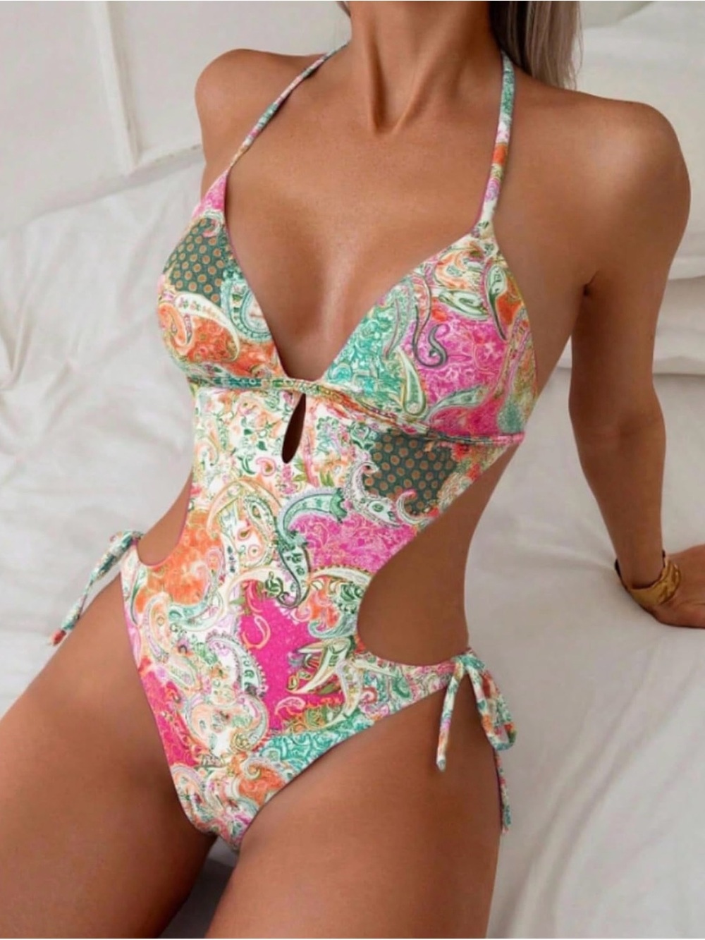 Paisley Cutout One-Piece Swimsuit - Pink & Green